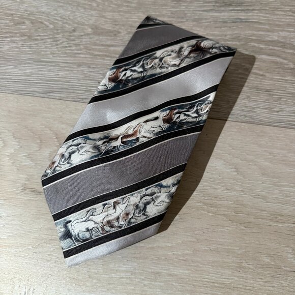 Denver Art Museum 100% Silk Mens Tie, Gray Striped Pattern with Horses - Picture 1 of 4